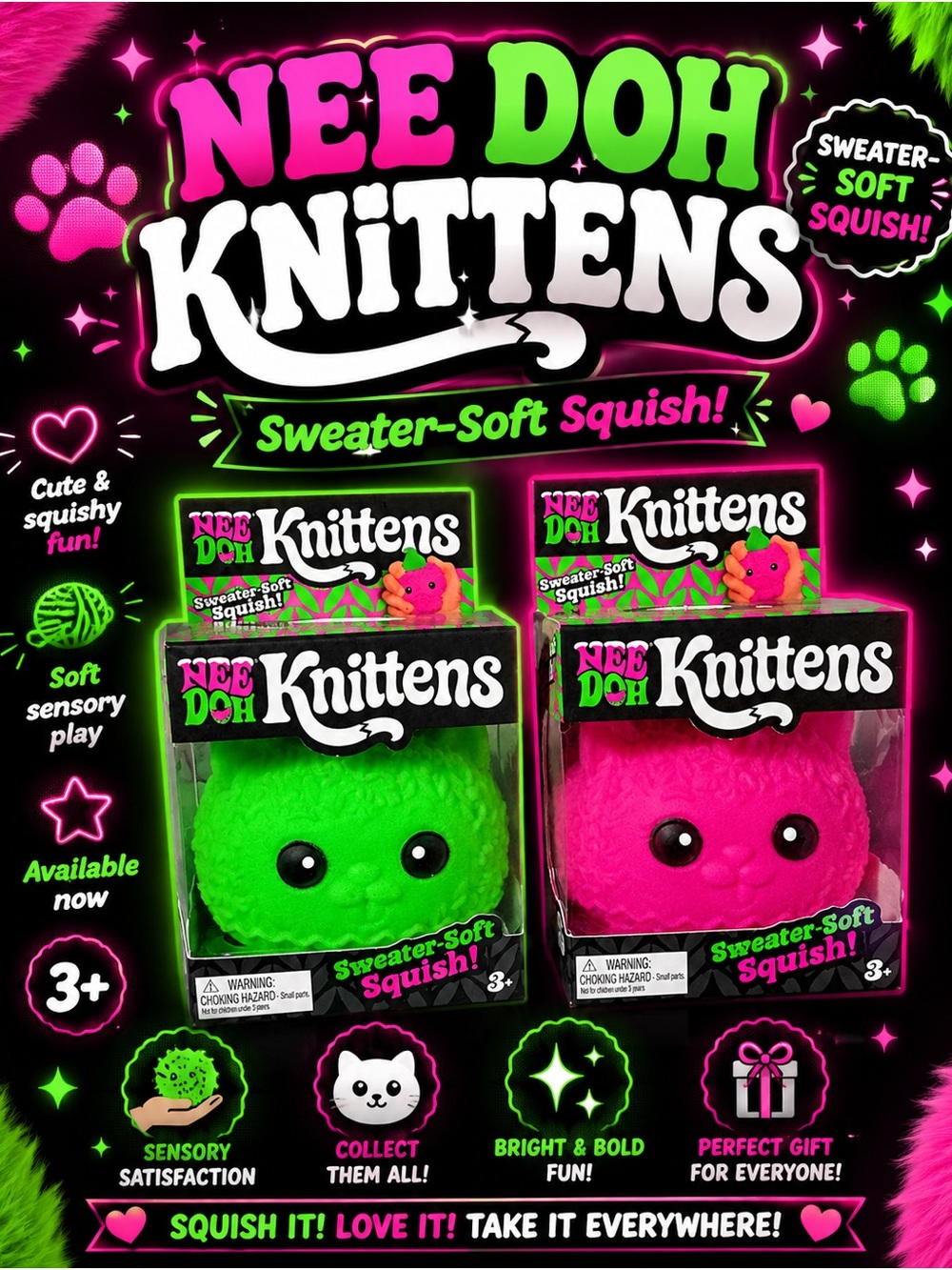 Sweater-Soft Squish Plush - Neon Green or Hot Pink